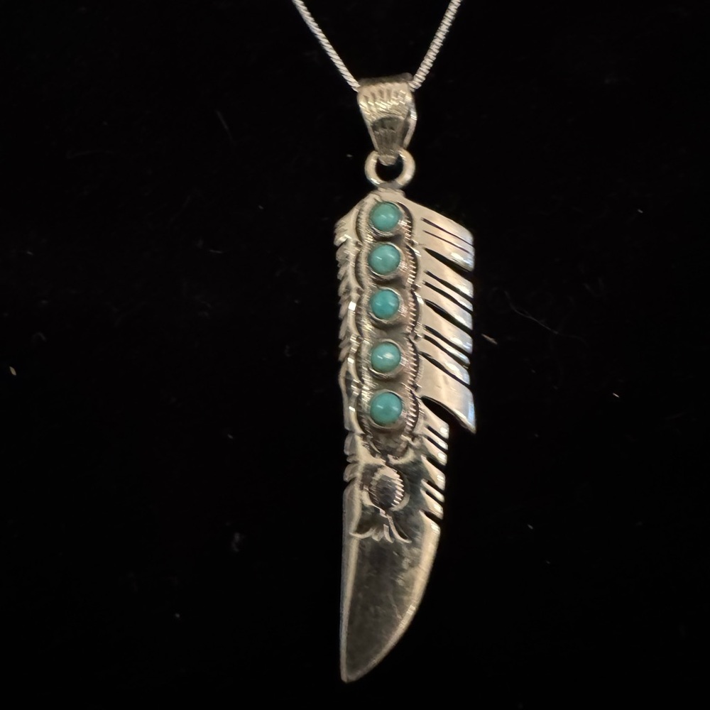 Sterling Silver native Feather Pendant Necklace with genuine‎ Turquoise Accents - Picture 8 of 9